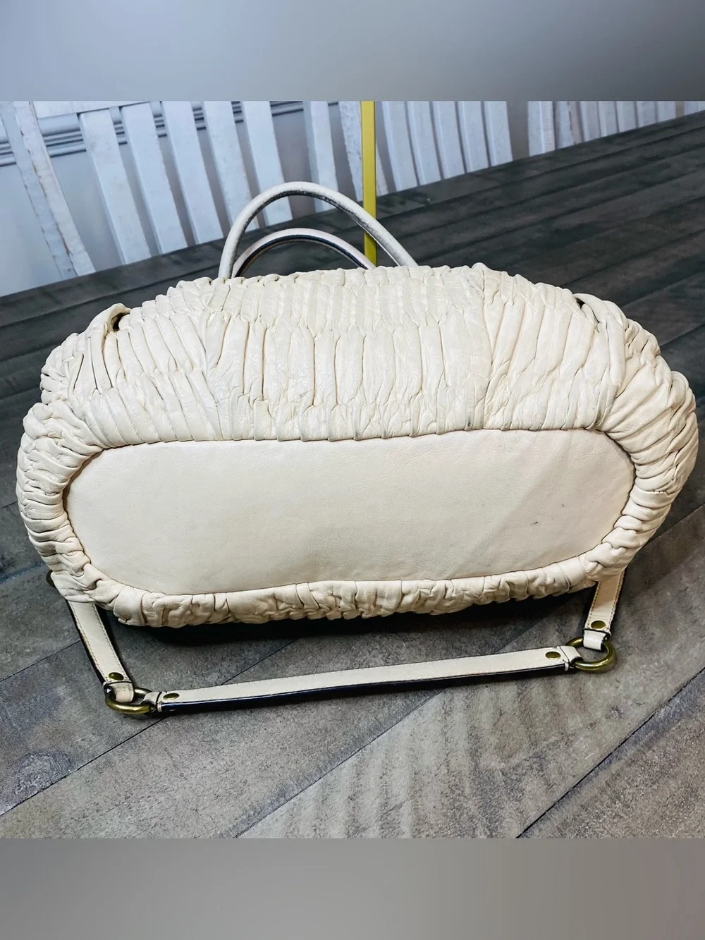 Coach Madison Gathered Leather Satchel Bag Off-White Cream Gold Hardware